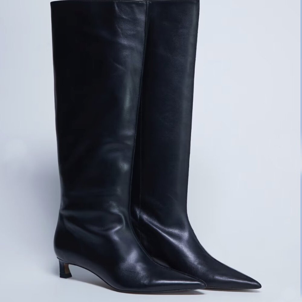 Premium Leather Pointed Toe, Knee-high, Black Boots (SIZE 6)